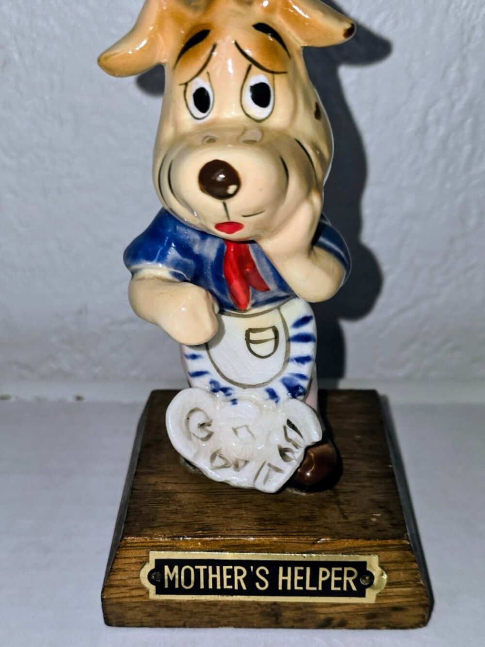 Kreiss & Co Psycho Ceramics Dog Figurine Mother's Helper Wood Base Japan MCM